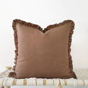 Rust brown linen pillow cover with ruffled edges - earth-tone decorative cushion