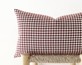 Burgundy gingham lumbar pillow cover - plaid cotton linen cushion cover - 12x20", 14x20", 14x24"