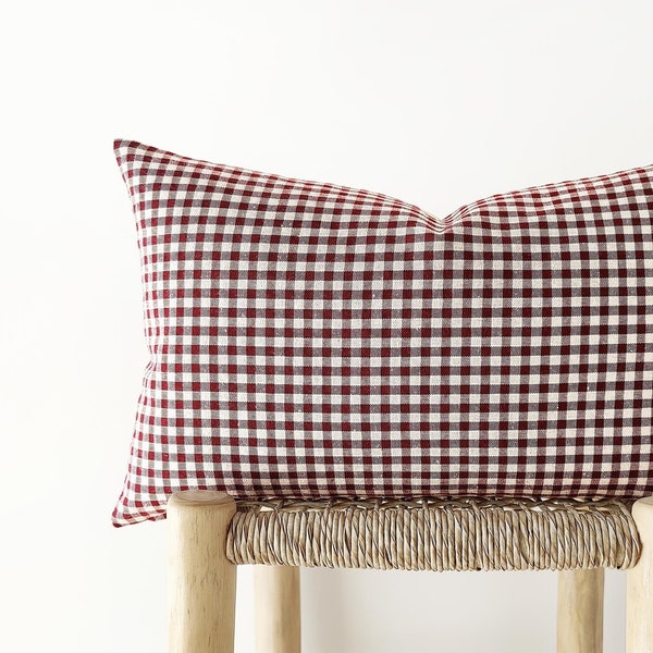 Burgundy gingham lumbar pillow cover - plaid cotton linen cushion cover - 12x20", 14x20", 14x24"