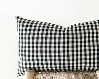 Gingham lumbar pillow cover in black - dark neutral plaid cushion cover - 12x20", 14x20", 14x24"