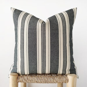 Striped charcoal black and beige decorative pillow cover - rustic cotton canvas cushion cover - 18&quot;, 20&quot;