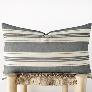Charcoal black and beige striped decorative pillow cover - cotton canvas cushion cover in 12x20&quot;/30x50cm