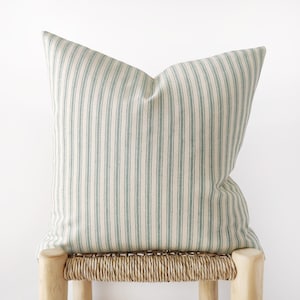 Teal ticking striped pillow cover - cushion cover in ivory and green blue