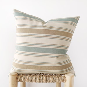 Camel and teal striped pillow cover - coastal room decor