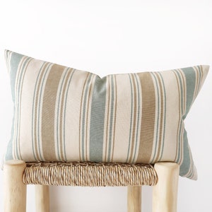 Striped lumbar pillow cover in camel, teal and ivory modern cushion cover coastal decor 12x20, 14x20, 14x24 image 1