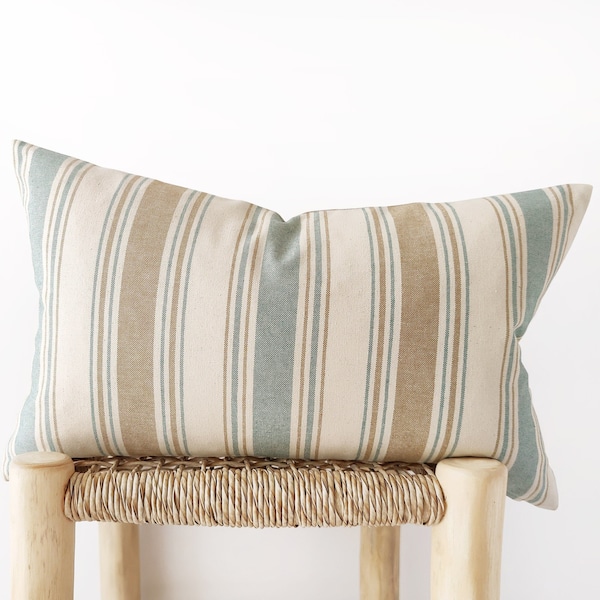 Striped lumbar pillow cover in camel, teal and ivory - modern cushion cover - coastal decor - 12x20", 14x20", 14x24"