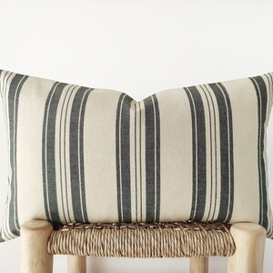 Beige and charcoal black striped decorative pillow cover - rustic cotton canvas cushion cover in 12x20"/30x50cm