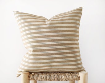 Camel striped decorative pillow cover - cotton cushion cover in ocher brown and ivory - earth tone decor - 18", 20", 22"