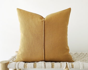Funda de almohada decorativa de color amarillo ámbar con detalle cosido a mano - funda de cojín de lino de algodón pesado - decoración en tono tierra