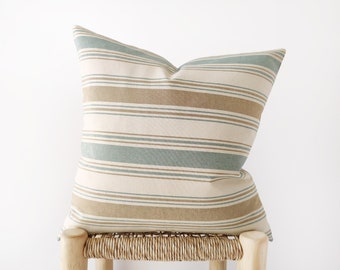 Camel and teal striped decorative pillow cover - cotton cushion cover - coastal room decor - 18", 20", 22"