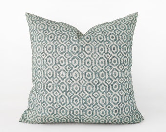 Blue green printed decorative pillow cover - organic cotton patterned cushion cover - 18", 20", 22"