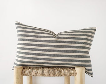 Housse de coussin lombaire gris anthracite à rayures - Housse de coussin en coton gris foncé, ivoire et jaune ambre - 12 x 20 pouces, 14 x 20 pouces, 14 x 24 pouces