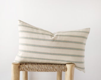 Striped lumbar pillow cover in ivory, camel and teal - light beige modern cushion cover - 12x20", 14x20", 14x24"