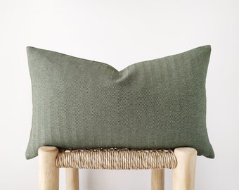 Dark sage green decorative lumbar pillow cover with herringbone pattern - dark green grey cushion cover - 12x20", 14x20", 14x24"