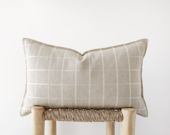Light neutral plaid decorative pillow cover with flange - window pane patterned cushion cover in light beige oatmeal