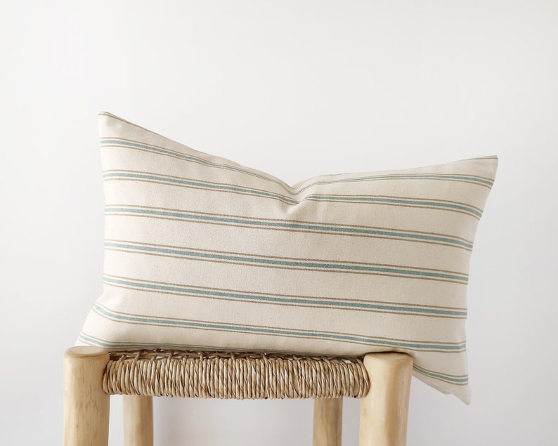 Striped lumbar pillow cover in ivory, camel and teal light beige modern cushion cover 12x20, 14x20, 14x24 12x20" (30x50cm)