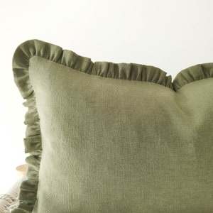 Olive green linen decorative pillow cover with raffles earth tone frilled cushion cover in 12x20inches / 30x50cm image 2