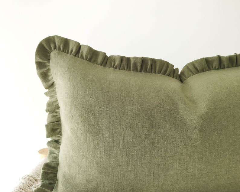 Olive green linen decorative pillow cover with raffles earth tone frilled cushion cover in 12x20inches / 30x50cm image 2