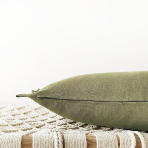 Olive green linen decorative pillow cover with raffles earth tone frilled cushion cover in 12x20inches / 30x50cm image 3