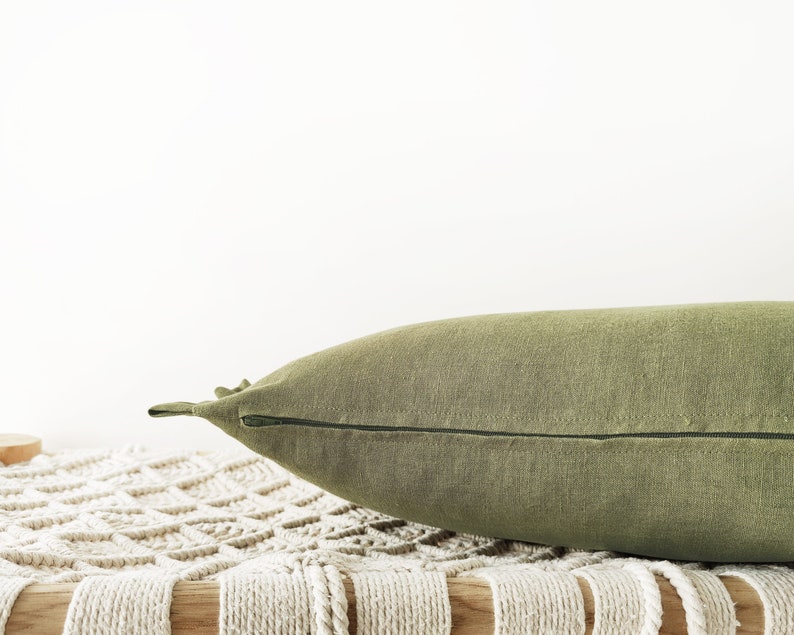 Olive green linen decorative pillow cover with raffles earth tone frilled cushion cover in 12x20inches / 30x50cm image 3