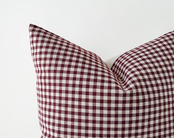 Burgundy gingham decorative pillow cover - plaid cotton linen cushion cover - 18", 20", 22"