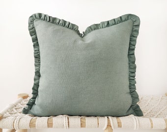 Dusty blue green linen decorative pillow cover with raffles - soft aqua frilled cushion cover - 18", 20"