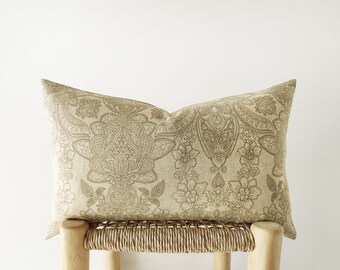 Beige floral lumbar pillow cover - neutral printed cushion cover in sand beige