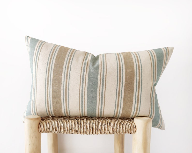 Striped lumbar pillow cover in camel, teal and ivory modern cushion cover coastal decor 12x20, 14x20, 14x24 image 1