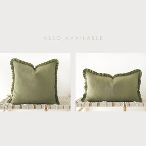 Olive green linen decorative pillow cover with raffles earth tone frilled cushion cover in 12x20inches / 30x50cm image 5