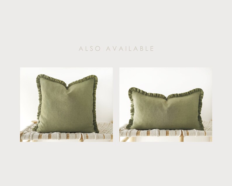 Olive green linen decorative pillow cover with raffles earth tone frilled cushion cover in 12x20inches / 30x50cm image 5