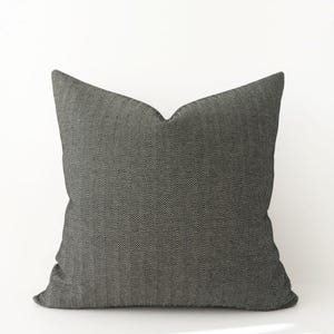 Può includere: Un cuscino quadrato caratterizzato da un motivo a spina di pesce in grigio antracite scuro e nero. Il tessuto presenta una trama tessuta con un design a zigzag coerente su tutta la superficie, creando un aspetto strutturato e definito.