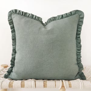 Dusty blue green linen decorative pillow cover - soft aqua raffled cushion cover