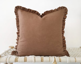 Rust brown linen decorative pillow cover with raffles - earth tone frilled cushion cover - 18", 20"