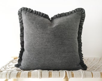 Frilled linen decorative pillow cover in charcoal grey - neutral cushion cover with raffles - 18", 20"