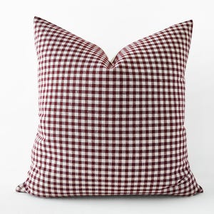 Burgundy gingham decorative pillow cover - plaid cotton linen cushion cover - 18&quot;, 20&quot;, 22&quot;