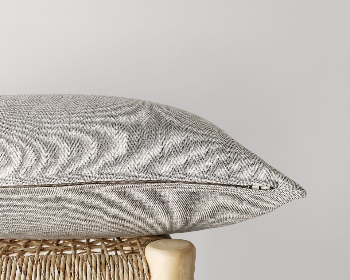 Neutral Lumbar Pillow Cover With Herrigbone Pattern Greige Etsy