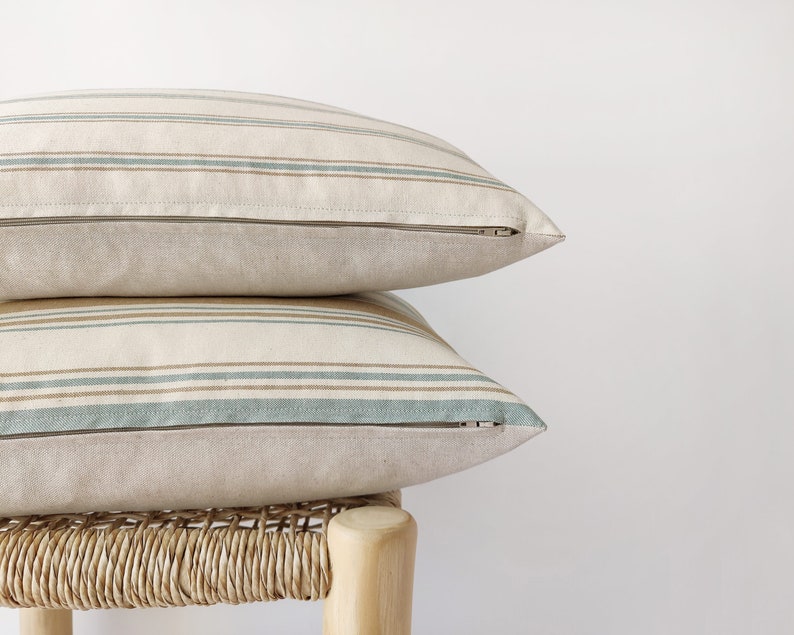 Striped lumbar pillow cover in ivory, camel and teal light beige modern cushion cover 12x20, 14x20, 14x24 image 3