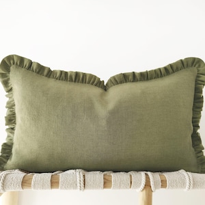 Khaki green linen lumbar pillow cover - earth tone ruffled cushion cover (12x20in / 30x50cm)
