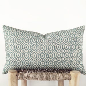 Blue green lumbar pillow cover with geometric print - organic cotton cushion cover in muted teal - 12x20&quot;, 14x20&quot;, 14x24&quot;