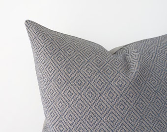 Blue textured decorative pillow cover with geometric pattern - neutral cotton linen cushion cover - 12x20" / 30x50cm (last item)