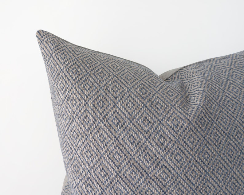 Blue textured decorative pillow cover with geometric pattern neutral cotton linen cushion cover 12x20 / 30x50cm last item image 1