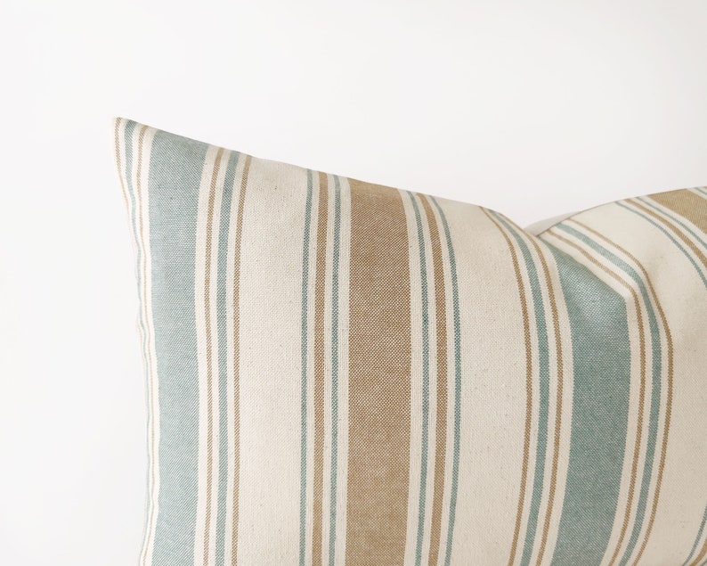 Striped lumbar pillow cover in camel, teal and ivory modern cushion cover coastal decor 12x20, 14x20, 14x24 image 2