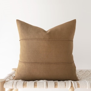 Caramel brown linen pillow cover with hand-stitched details  - earthy decorative cushion