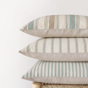 Striped lumbar pillow cover in ivory, camel and teal light beige modern cushion cover 12x20, 14x20, 14x24 image 5