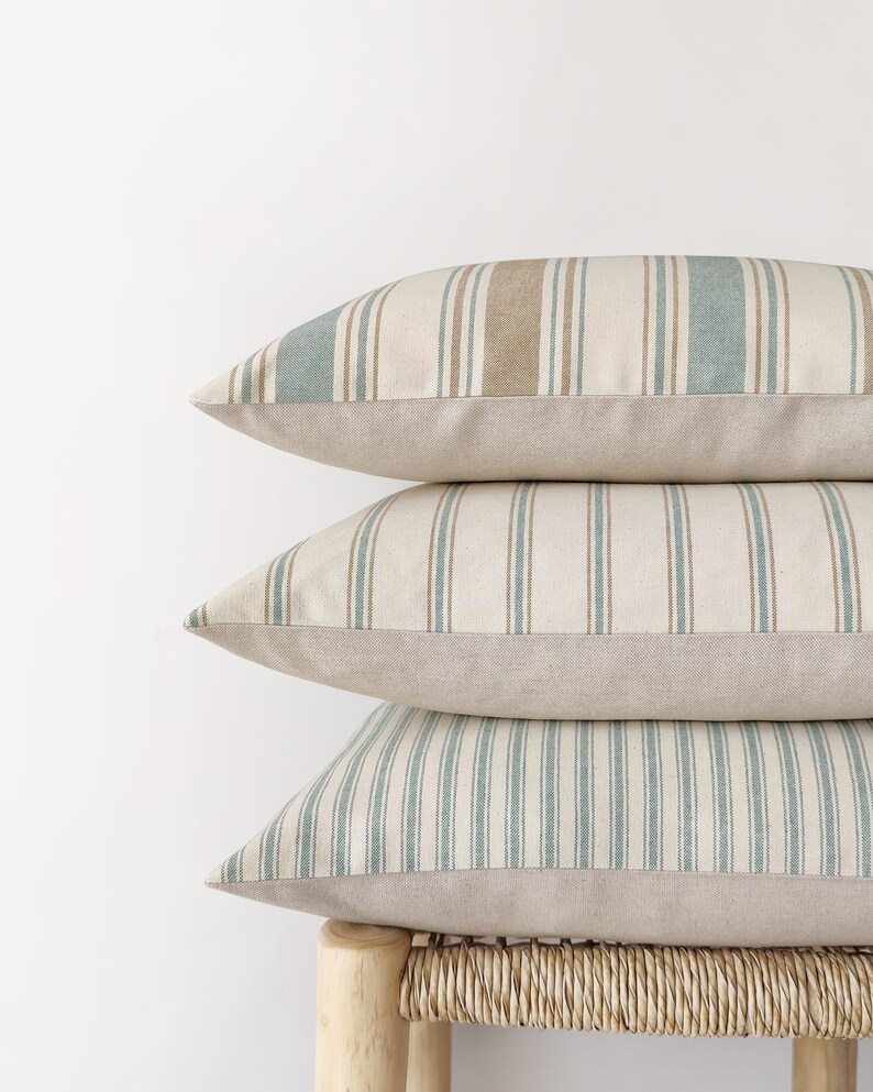 Striped lumbar pillow cover in ivory, camel and teal light beige modern cushion cover 12x20, 14x20, 14x24 image 5