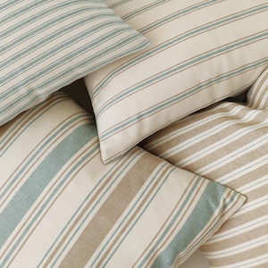 Striped lumbar pillow cover in ivory, camel and teal light beige modern cushion cover 12x20, 14x20, 14x24 image 4