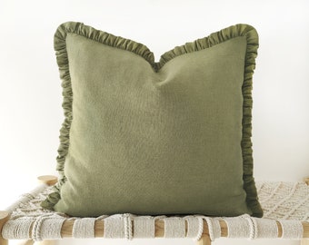 Olive green linen decorative pillow cover with raffles - earth tone frilled cushion cover - 18", 20"