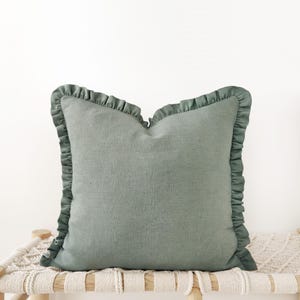 Dusty blue green linen decorative pillow cover - soft aqua raffled cushion cover