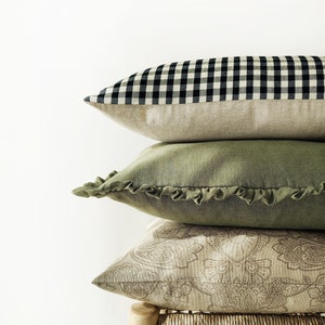 Olive green linen decorative pillow cover with raffles earth tone frilled cushion cover in 12x20inches / 30x50cm image 4