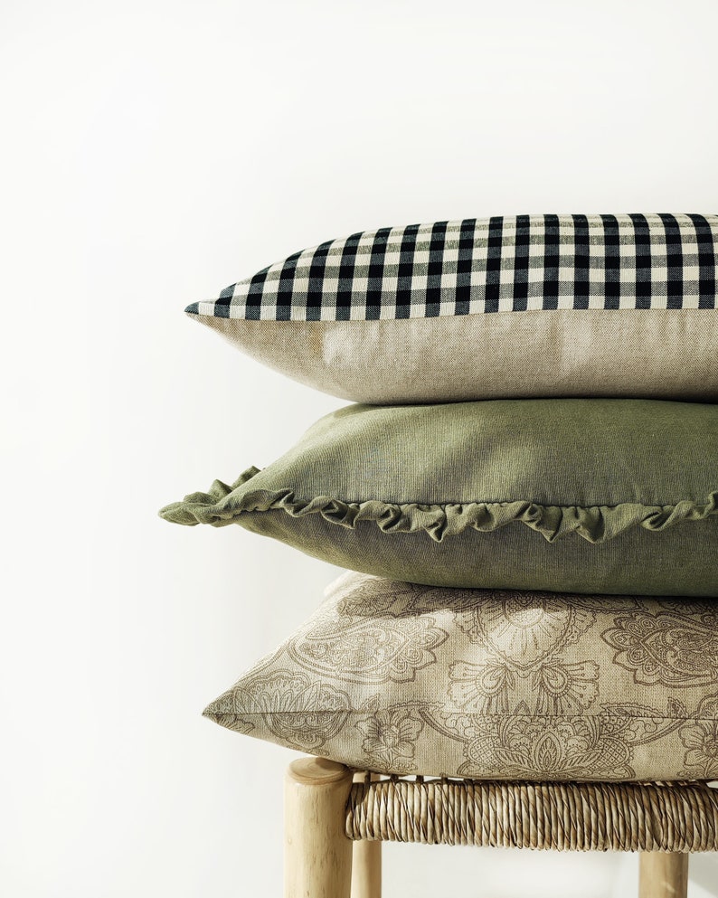 Olive green linen decorative pillow cover with raffles earth tone frilled cushion cover in 12x20inches / 30x50cm image 4